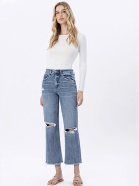 Flying Monkey|Womens Distressed knee  Straight-Leg Jeans in Medium Blue•size 28